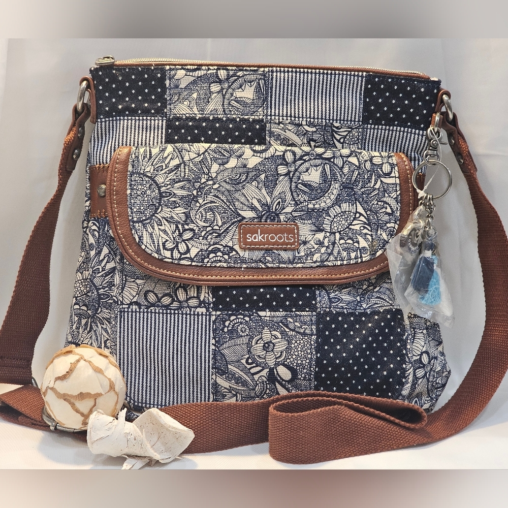 Sakroots Navy and Brown Patchwork Crossbody Bag